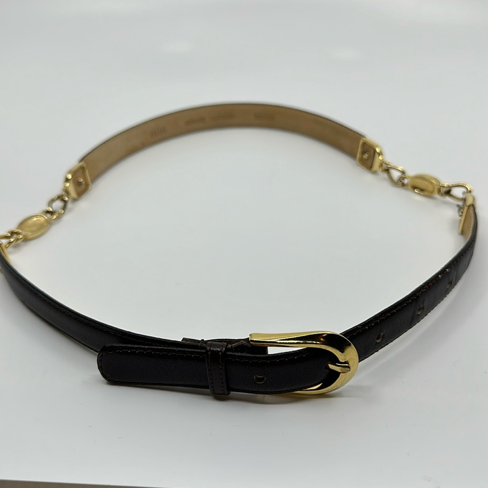Brown & goldtone genuine leather thin belt, Sz Med